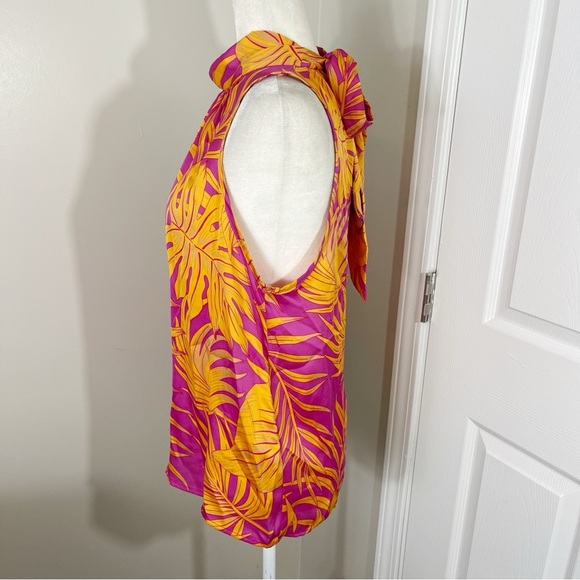 ENTRO Vibrant Fuchsia & Yellow Tropical Leaf Print Sleeveless Halter Top -MEDIUM - Picture 5 of 10